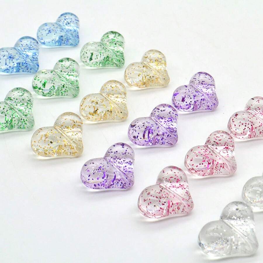 Hạt cườm hình trái tim lấp lánh trong suốt bằng acrylic, hạt cườm hình trái tim chứa kim tuyến trong suốt, nguyên liệu tự làm trang sức cho vòng tay/dây buộc tóc/móc khóa. - Nhiều màu - Xem 1