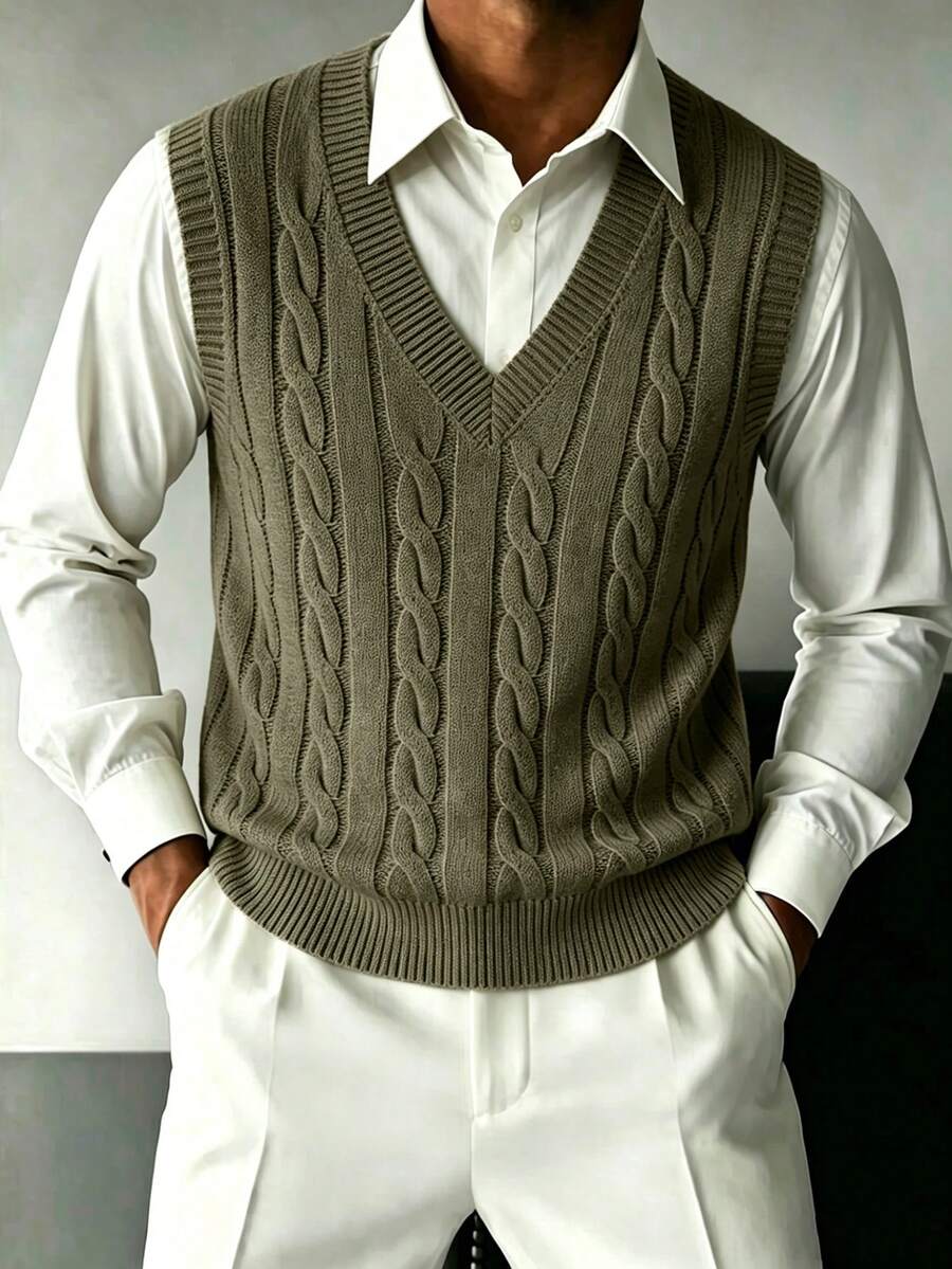 Men's V-Neck Knit Vest Sweater, Solid Color, Casual Daily Wear, Commuting - Army Green - View 1