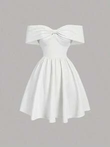 MOD Vestido con hombros descubiertos, cuello de lazo, cintura ajustada y bajo acampanado - Blanco - Ver 1