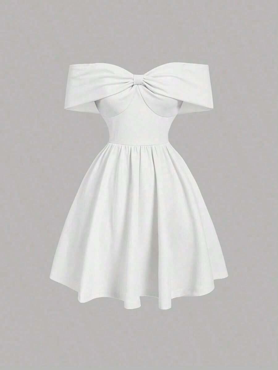 MOD Vestido con hombros descubiertos, cuello de lazo, cintura ajustada y bajo acampanado - Blanco - Ver 1