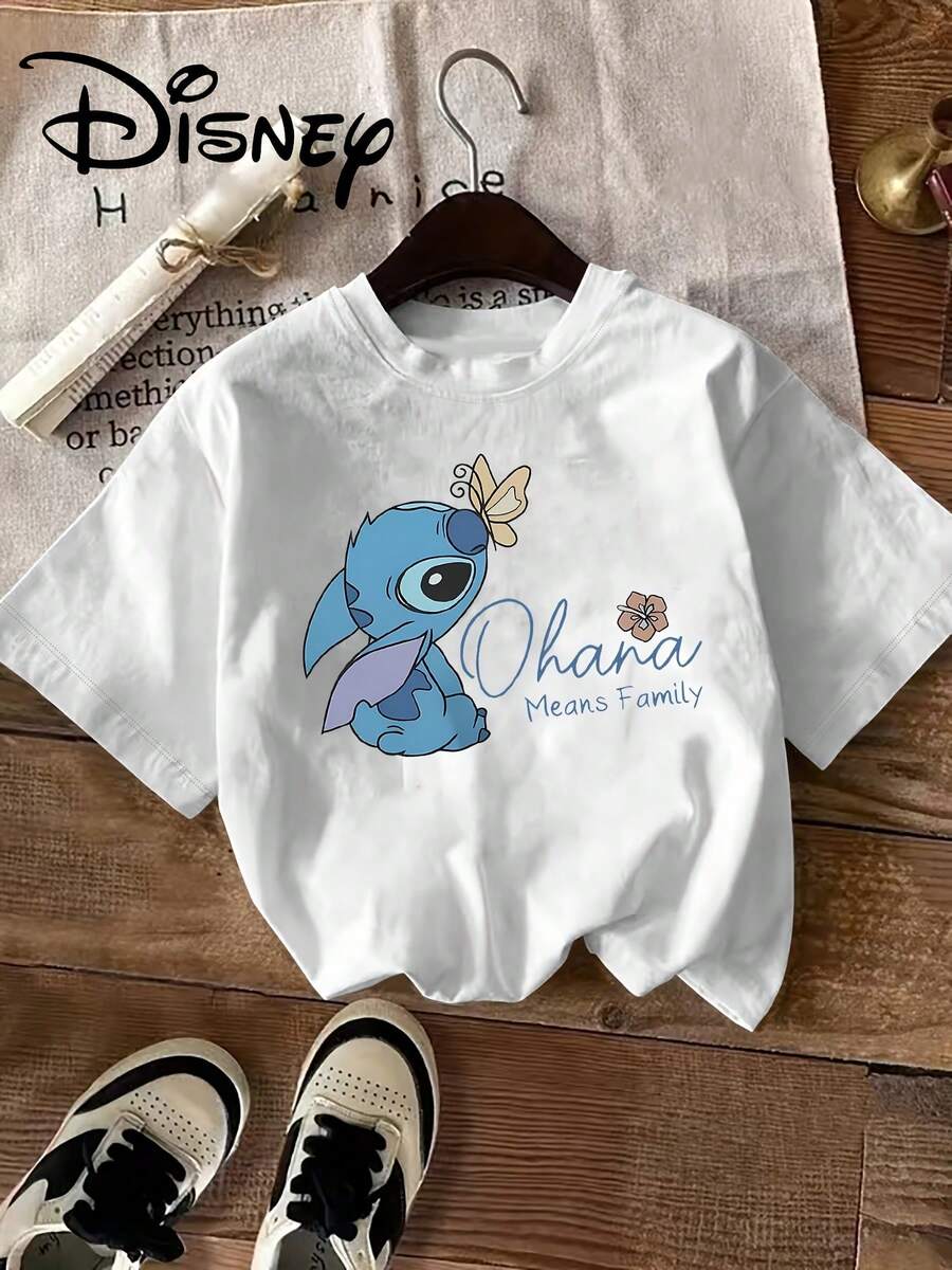 Disney Stitch Holding A Butterfly Cartoon Character With Purple Floral Decoration And "Ohana Means Family" Handwritten English Slogan, Disney Summer New Short-Sleeve T-Shirt For Women, Casual Fashion Printed T-Shirt For Ladies - 白色 - 查看 1