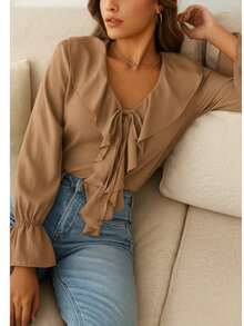 Elegant Blouse With Cascading Ruffles And Elastic Cuffs. - Camel C8093 - View 2