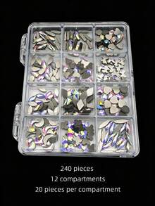 240颗12格盒装美甲水钻，超闪亮AB水晶美甲饰品，混合形状，平底玻璃宝石，适用于美甲DIY - 彩色 - 查看 2