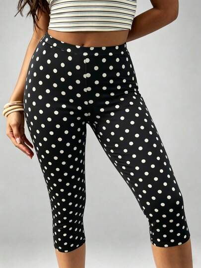 Women's Black Polka Dot 7/8 Leggings, Casual Daily Commute Summer 7/8 Pants, Women's Summer Clothing