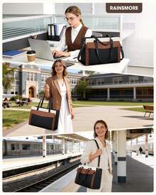 NEWHEY 15.6 Inch Laptop Bag For Women, Waterproof Leather Computer Tote, Large Capacity Professional Briefcase Work Handbag, Stylish Office & Teacher Purse With Adjustable Shoulder Strap - 黑棕白 - 查看 3