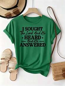 Printed With The Text Pattern "I Sought The Lord, And He Heard And Answered Me". Women's Casual Daily Crew Neck Short-Sleeve Fashionable Sports T-Shirt With Printed Pattern, Comfortable To Wear; Women's Green Short-Sleeve Top - 綠色 - 查看 12