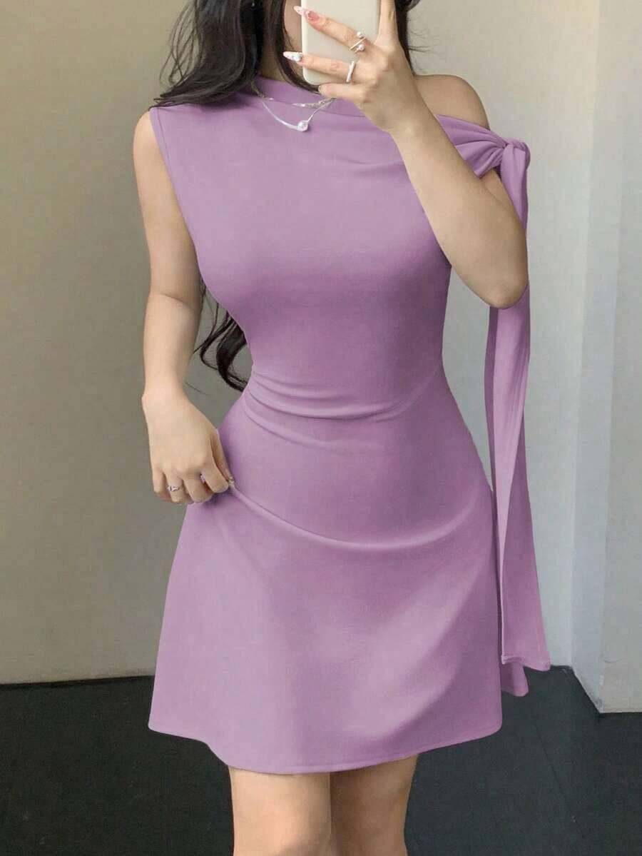Vestido minimalista para mujer con estampado floral de tinta, hombro asimétrico con lazo, cintura ajustada - Púrpura malva - Ver 1