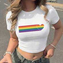 Women's Casual White Crop Top With Rainbow Heart Print, Round Neck Short Sleeve Tee For Party And Summer - trắng - Xem 1