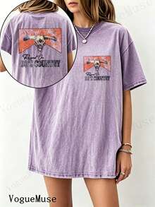 Unisex Washed Distressed T-Shirt Cotton Blend Casual Oversized Tee. Women'S Vintage 192s Retro Skull & 9'S Country Graphic T-Shirt - Double-Sided - 紫色 - 查看 1