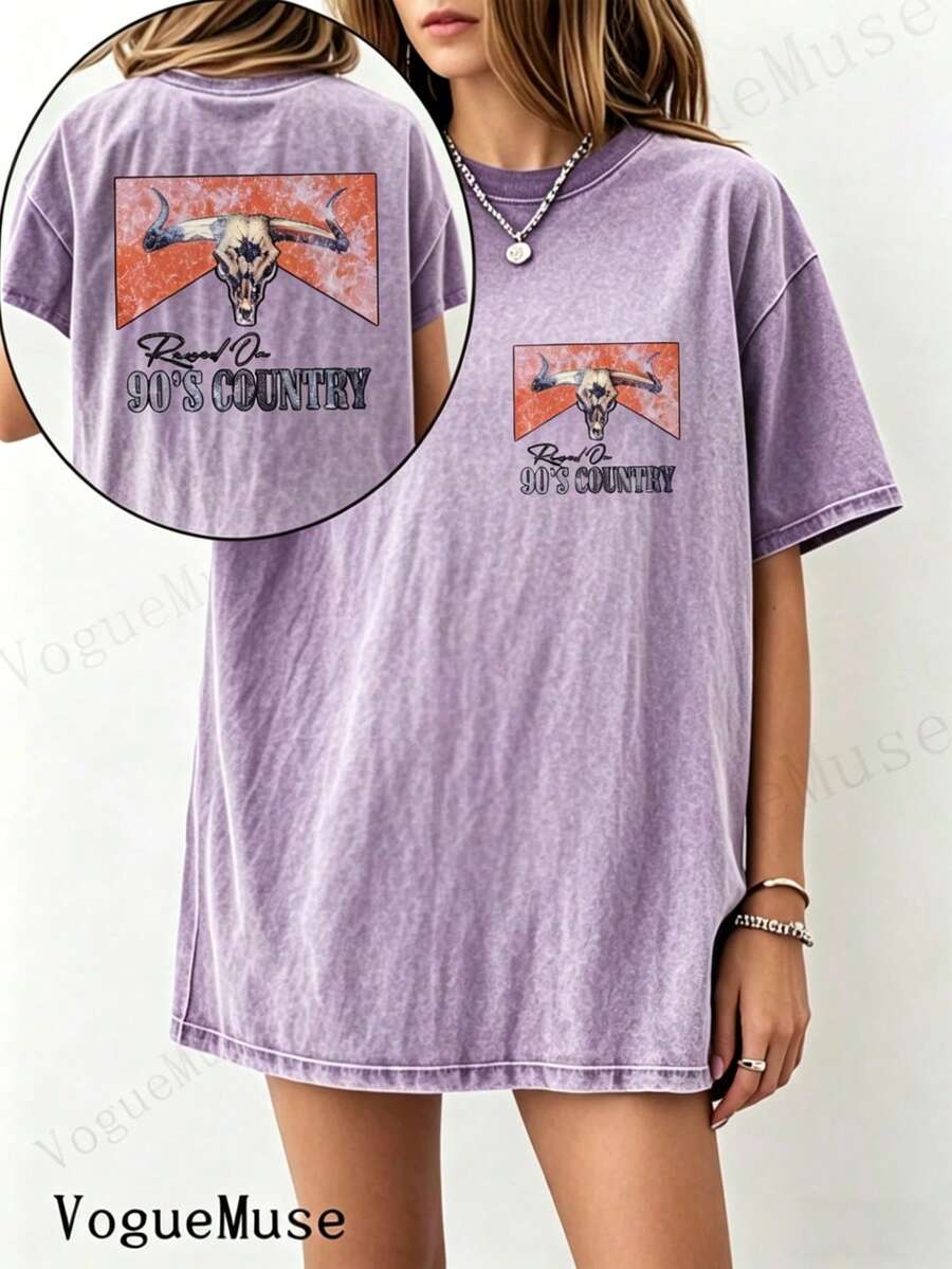 Unisex Washed Distressed T-Shirt Cotton Blend Casual Oversized Tee. Women'S Vintage 192s Retro Skull & 9'S Country Graphic T-Shirt - Double-Sided - 紫色 - 查看 1