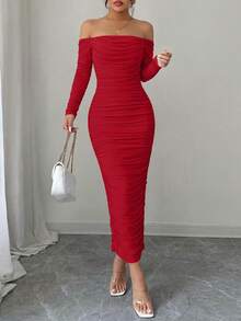 PRETTYGARDEN Womens  Fall Long Sleeve Maxi Dress Off Shoulder Mesh Ruched Bodycon  Long Wedding Guest Christmas New Years Valentine Vacation Dresses For Women Elegant - 紅色 - 查看 3