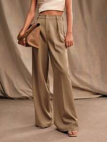 ZZL   Essential Casual Straight High Waist Solid Color Trousers - 卡其色 - 查看 1