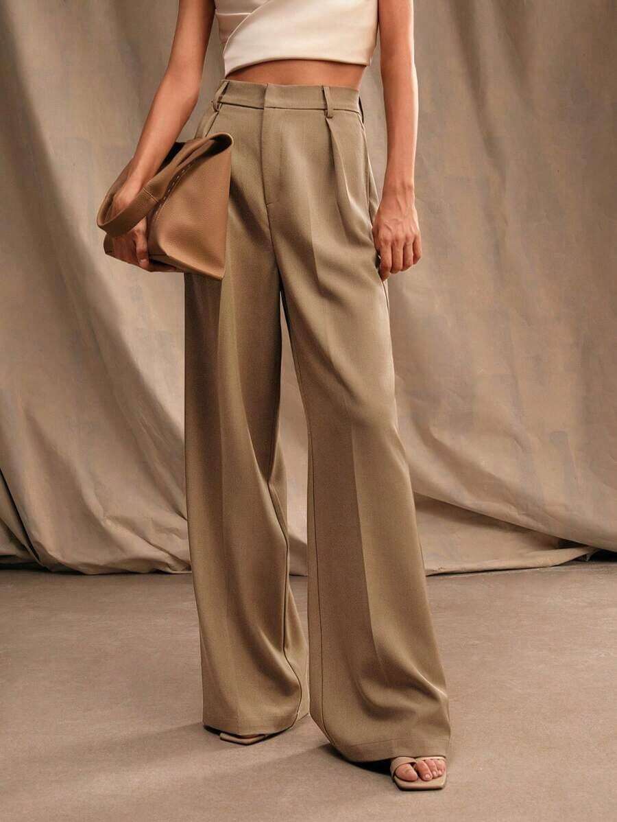 ZZL Essential Casual Straight High Waist Solid Color Trousers - 卡其色 - 查看 1