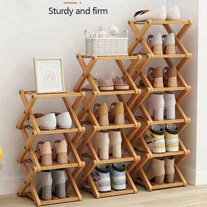 Foldable Bamboo Shoe Rack, Space-Saving Storage Organizer, Suitable For Entryways Or Small Spaces, Available In Two Colors, Freestanding Shoe Rack | Modern Shoe Rack | Bamboo Structure, Shoe Storage Organizer