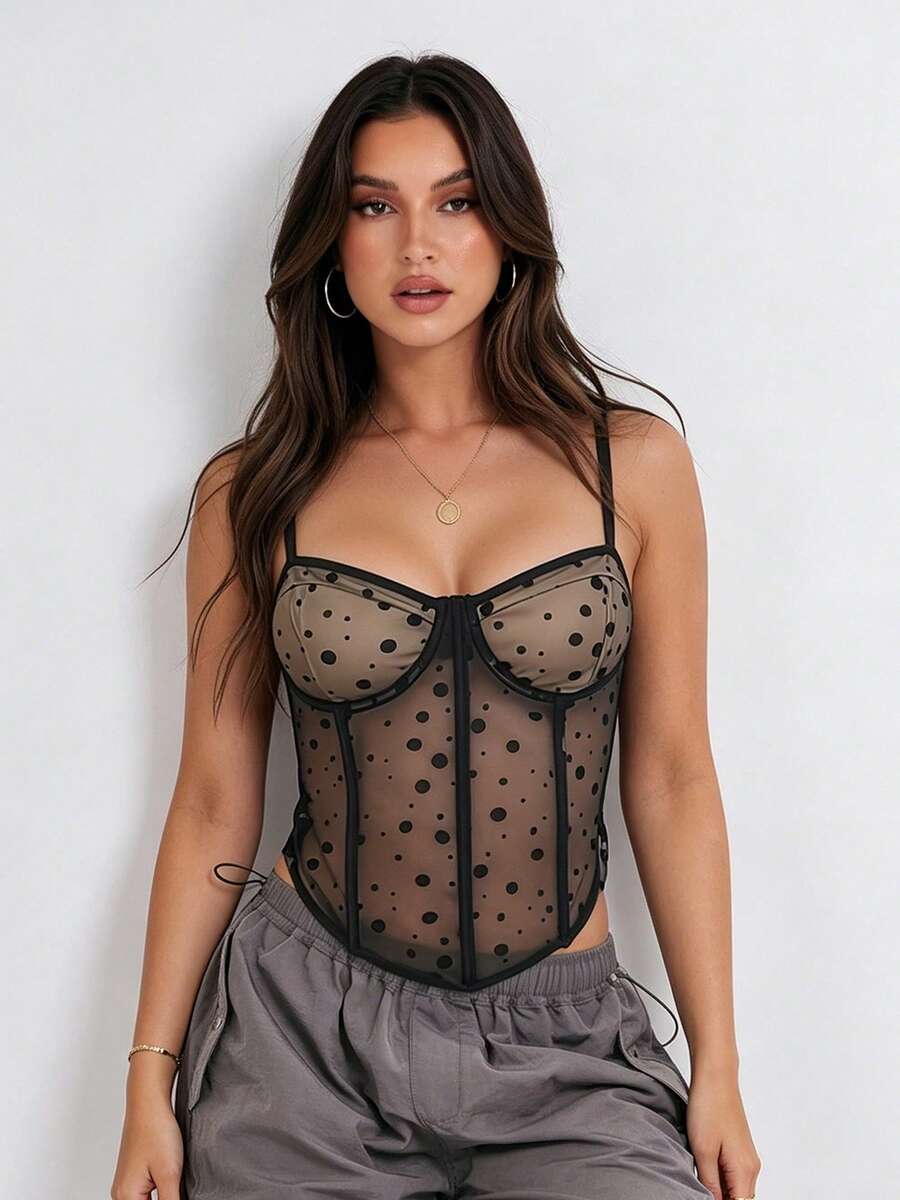 Camisetas sin mangas de lencería para mujer con estampado de puntos, corte ajustado, ideales para salir de fiesta o discoteca. - Negro - Ver 1
