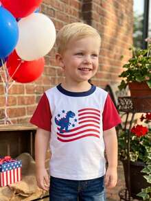 Camiseta informal para bebé niño del 4 de julio con estampado de dinosaurios y bandera estadounidense, cuello redondo y manga corta, ideal para el verano. - Blanco - Ver 4