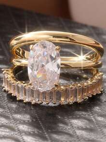 3pcs Set Elegant Stackable Rings With Sparkling Cubic Zirconia, Engagement/Wedding Rings, Luxury Jewelry For Formal Occasions - Gold - View 10