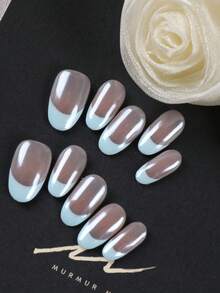 Conjunto de 10 unhas postiças curtas, estilo francês minimalista rosa com superfície espelhada azul, ideais para o escritório e uso diário. Inclui 1 adesivo e 1 mini lixa de unha. - Multicolorido - Ver 11