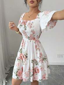 Vestido casual con estampado floral, volantes en el bajo y mangas cortas, estilo vacaciones - Azul - Ver 10