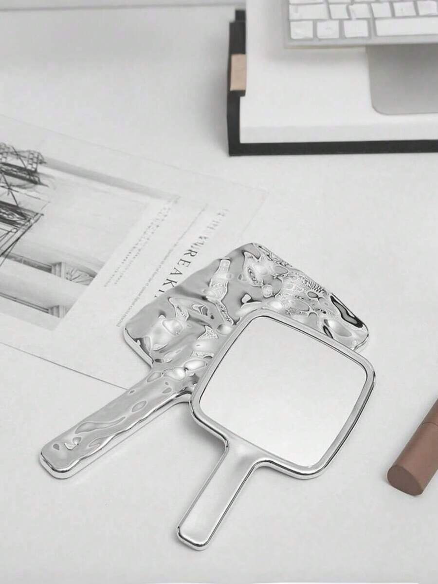 1个镀金手柄化妆镜,高清便携式圆形/方形手持镜,最佳礼物,家居装饰,返校房间装饰,学习用品 - 銀色 - 查看 1