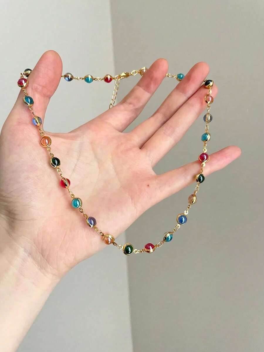 1pc Elegant Gold-Framed Necklace, Multi-Color Gemstone Chain Jewelry - Multicolor - View 1