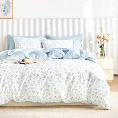Coquette Duvet Cover Set Floral Cottagecore Flower Shabby Chic Cute Aesthetic Soft Lightweight Bedding For Women Teen Girls 3-Piece White Blue Queen Size-Bed Sheets Full Set-Sheets Queen Set-Queen Sheets Set