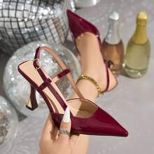 Sandalias rojas para mujer/Tacones altos burdeos versátiles de verano para mujer, Tacones altos de punta sólida de color para mujer, Elegantes tacones de aguja de punta abierta con correa trasera, Sandalias elegantes para mujer, Zapatos/sandalias de tacón de gatito casuales de fiesta de vacaciones de verano - Burdeos - Ver 12