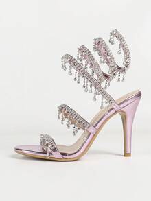 Women's Stiletto Heeled Sandals, Fashion Minimalist Strap With Rhinestone Snake Wrap Round Toe, Basic Style For Summer & Autumn - Baby Pink - View 2