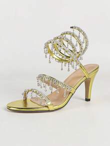 Giày sandal cao gót mũi nhọn cho nữ, kiểu dáng tối giản, quai đính đá lấp lánh, mũi tròn, thích hợp cho mùa hè và mùa thu. - Màu vàng - Xem 17