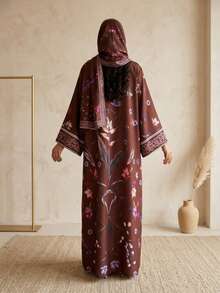 2pcs Floral Print Abaya Set With Headscarf, Middle Eastern Dubai Style Cardigan Outerwear - Brown - View 8