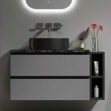 Wall-Hung Bathroom Cabinet, 80 Cm Wide, With Ceramic Sink, With Drawers, Modern Design, In Black And Grey. - Grey - View 3