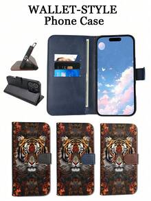 1pc Ornate Tiger Portrait Pattern Wallet-Style Flip Phone Case With Card Slots And Foldable Stand, Shockproof, Scratch-Resistant, Wildlife Aesthetic, Perfect Gift For Animal Lovers, Suitable For Everyday Use, Compatible With IPhone 17promax/17pro/17/17Air/16promax/16pro/16plus/16/15promax/15pro/15plus/15/14promax/14pro/14plus/14/13promax/13pro/13/12promax/12pro/12/11promax/11pro/11 - 棕色 - 查看 11