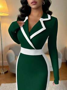 Vestido negro corto de manga larga, ajustado y elegante con contraste de color en el cuello de la chaqueta, para otoño/invierno - Verde Oscuro - Ver 3