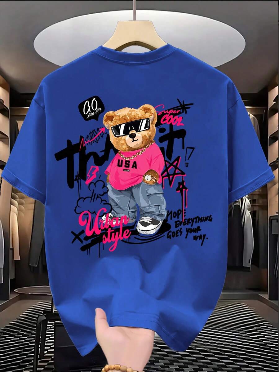 Summer TopsStylish T-Shirt Featuring An Adorable Bear Design, Relaxed Fit With Short Sleeves, Perfect For Everyday Wear, Door Activities, And Shopping - 藍色 - 查看 1