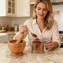 2pcs Mortar And Pestle Set, Garlic Pepper Press Grinder Crusher Mix, Garlic Pepper Spice Pounder Mortar And Pestle Press Fruit Crusher Stamp For Kitchen Tool Set - Brown - View 3