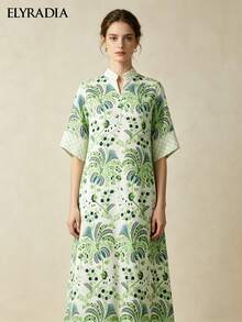 Luxury Women's Robe Resort Wear Elegant Temperament Commuter Short Sleeve Green Botanical Print Stand Collar Midi Dress - Green - View 4