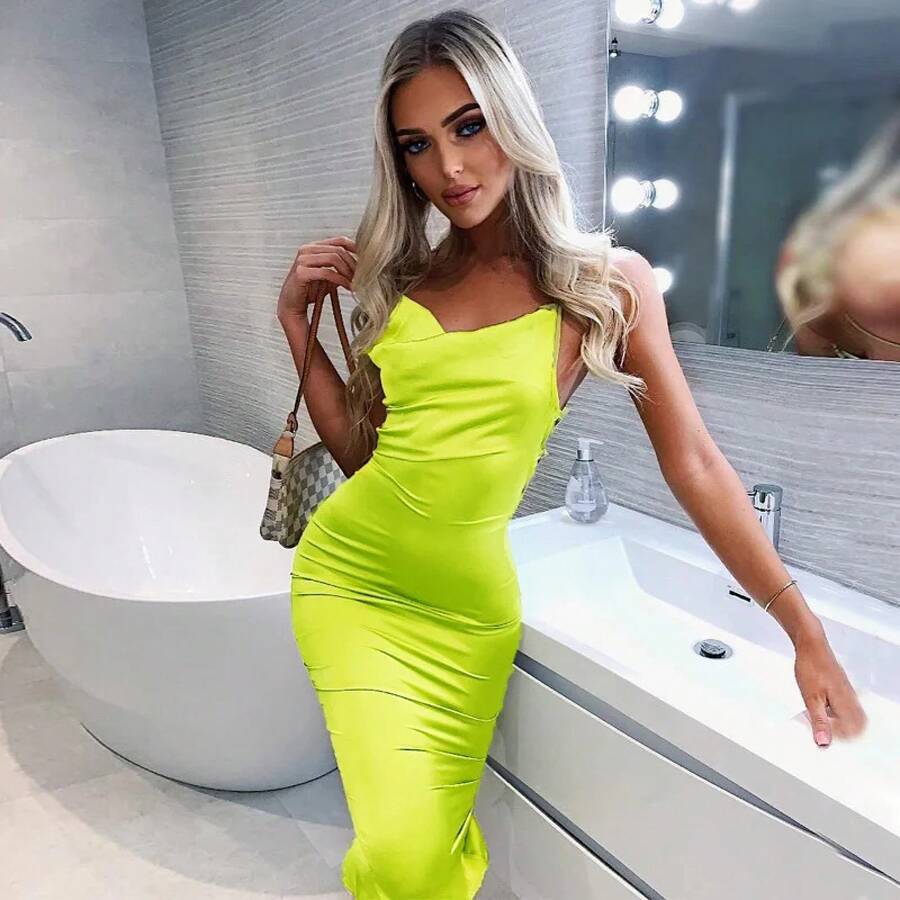 Vestido midi largo de satén neón con cordones para mujer, rosa claro, ceñido al cuerpo, sin espalda, elegante, sexy, para fiesta, ropa de club, conjunto de verano 2022 para cena. - nz7018-verde - Ver 1