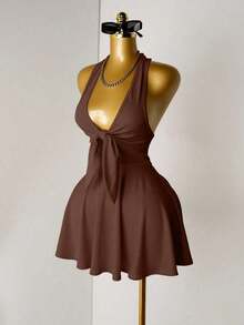 Vestido de verano de unicolor con escote halter y espalda descubierta para mujer - Marrón - Ver 5