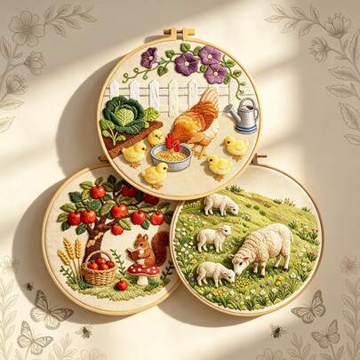 DIY Embroidery Kit, Animal & Nature Series, Healing Countryside Animal 3D Embroidery, Includes Tools & Instructions, Home Decor, Gift For Friends