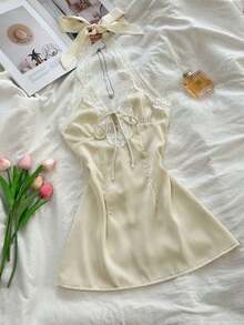 Vestido mini ajustado de línea A con escote en V profundo, sin mangas y espalda descubierta, de moda y casual, apto para primavera temprana, otoño e invierno. Adecuado para vacaciones, Día de San Valentín y citas - Negro - Ver 9