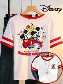 Disney Collaboration, Women'S Y2K Color-Blocked Short-Sleeve Round Neck Top, Breathable And Casual Comfortable Shirt, Featuring A Print Of Mickey And Minnie In A Small Car, Perfect For Summer Fashion - trắng - Xem 1