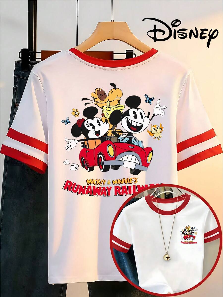 Disney Collaboration, Women'S Y2K Color-Blocked Short-Sleeve Round Neck Top, Breathable And Casual Comfortable Shirt, Featuring A Print Of Mickey And Minnie In A Small Car, Perfect For Summer Fashion - trắng - Xem 1