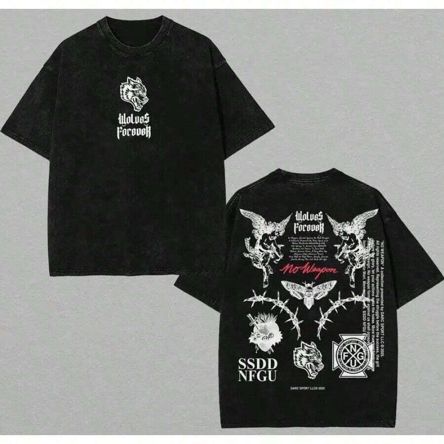 Darcsport Wolves Work Oversized Washed Tee,Gym Tshirt Gothic Warrior Print With Vintage Fade, Brotherhood Statement Piece For Mental Reps – Heavyweight Gym Top, Gift For Gymer, Summer Wear – For Weargraphic Tees Vacation Fits Men Gifts Dailywear,Cosplaysummer Outfits For Womencamisetas Para Hombre - Black - View 1