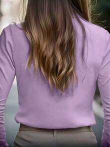 de unicolor de estilo europeo y americano de , diseño de cuello de satén, blusa elegante de manga larga y ajuste ceñido para primavera - Morado - Ver 3