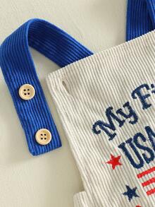 乳幼児用サマーロンパース「My First 4th of July Letter USA Flag Embroidery Bubble Ribed Jumpsuit ノースリーブ ワイドストラップ オーバーオール 独立記念日 愛国的な衣装 新生児用カジュアルボディスーツ 0-18ヶ月 - ホワイト - チェックする 3