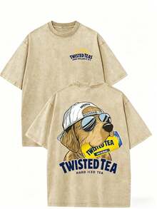Vintage Washed Dog Graphic T‑Shirt, Retro Sunglasses Dog Print Crew Neck Short Sleeve Casual Fall Streetwear Oversized Tee For Women - 杏色 - 查看 7