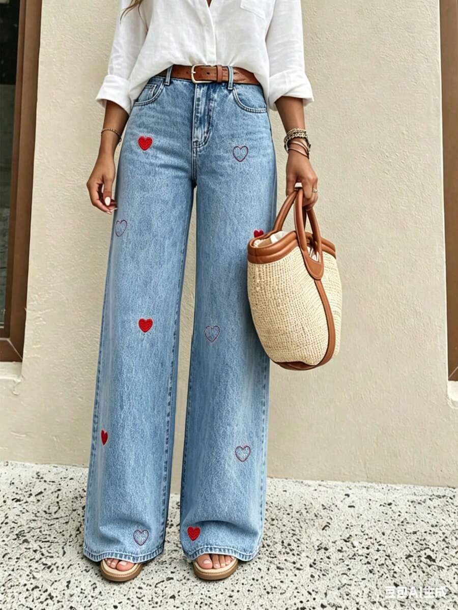 Teen Girl Pocketed Button Heart Embroidery Casual Versatile Daily Wear Wide Leg Jeans - Medium Wash - View 1