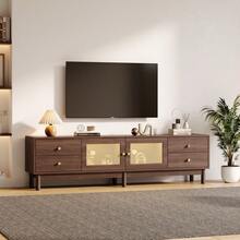 180cm Long TV Stand With A Dark Wood Finish, Two Rattan Doors, Four Drawers, Cable Management System, And Hydraulic Hinges. Suitable For TVs Up To 80 Inches. - 棕色 - 查看 2
