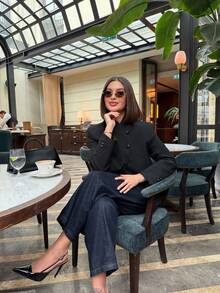 Blazer con cuello alto y decoración de botones, de estilo europeo y americano, para mujer, color negro, de la nueva colección primavera/verano de Camellia - Negro - Ver 3