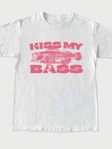 Plus Size Men Clothes, "Kiss My Bass" Funny Fishing Print, Vintage, 220g 100% Cotton Casual Printed T-Shirt, Streetwear Graphic Tee, Casual Summer Tops, Tops For Men, Unisex - 白色 - 查看 1